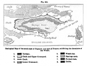 Mapa geológico del sudeste de Inglaterra y parte de Francia que muestra la denudación del Weald